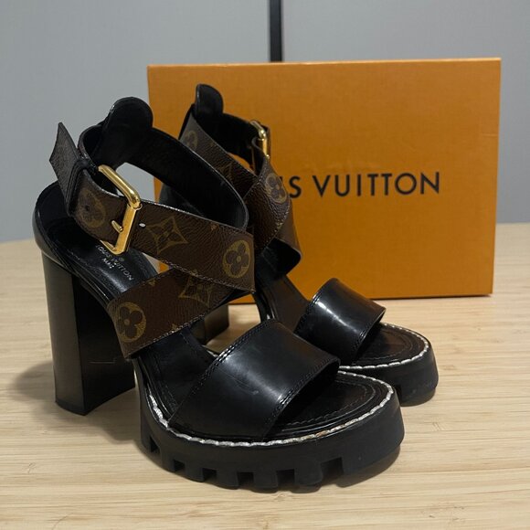 Louis Vuitton Black & Monogram Canvas Heels Star Trail Sandals Size 36 - Picture 1 of 10